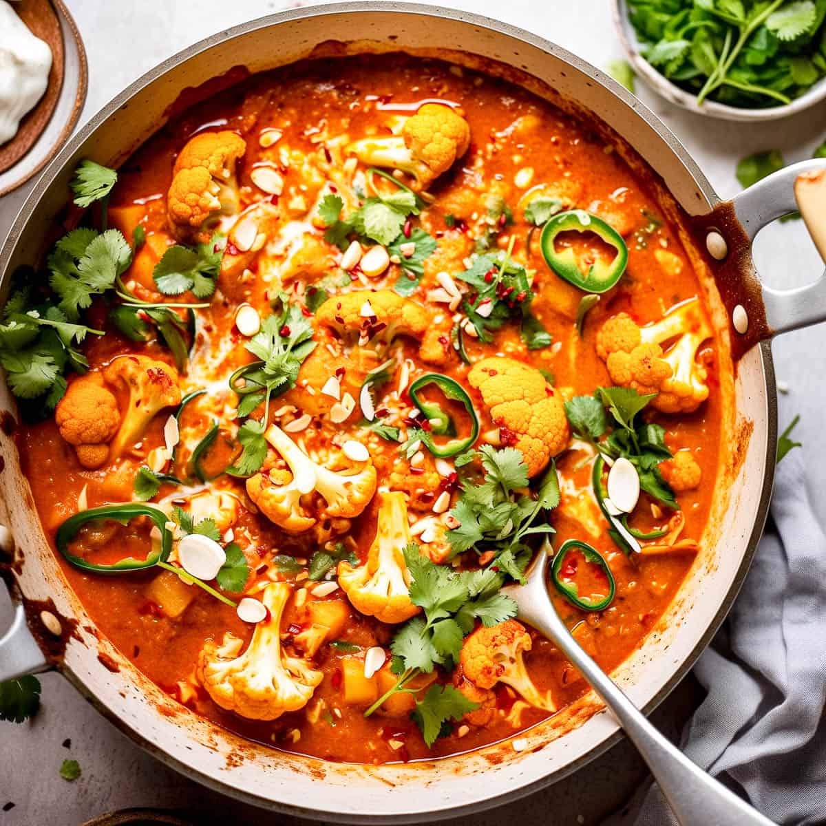 Cauliflower curry in a skillet with coriander and almonds.