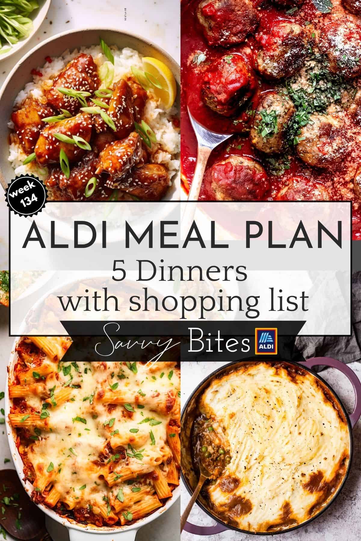 Budget meal plan photo collage using recipes with Aldi ingredients.