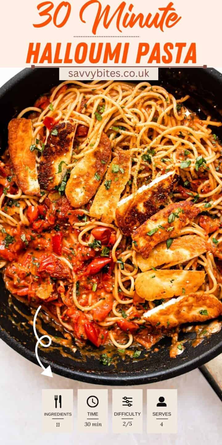Halloumi pasta in rich tomato sauce with chopped herbs.