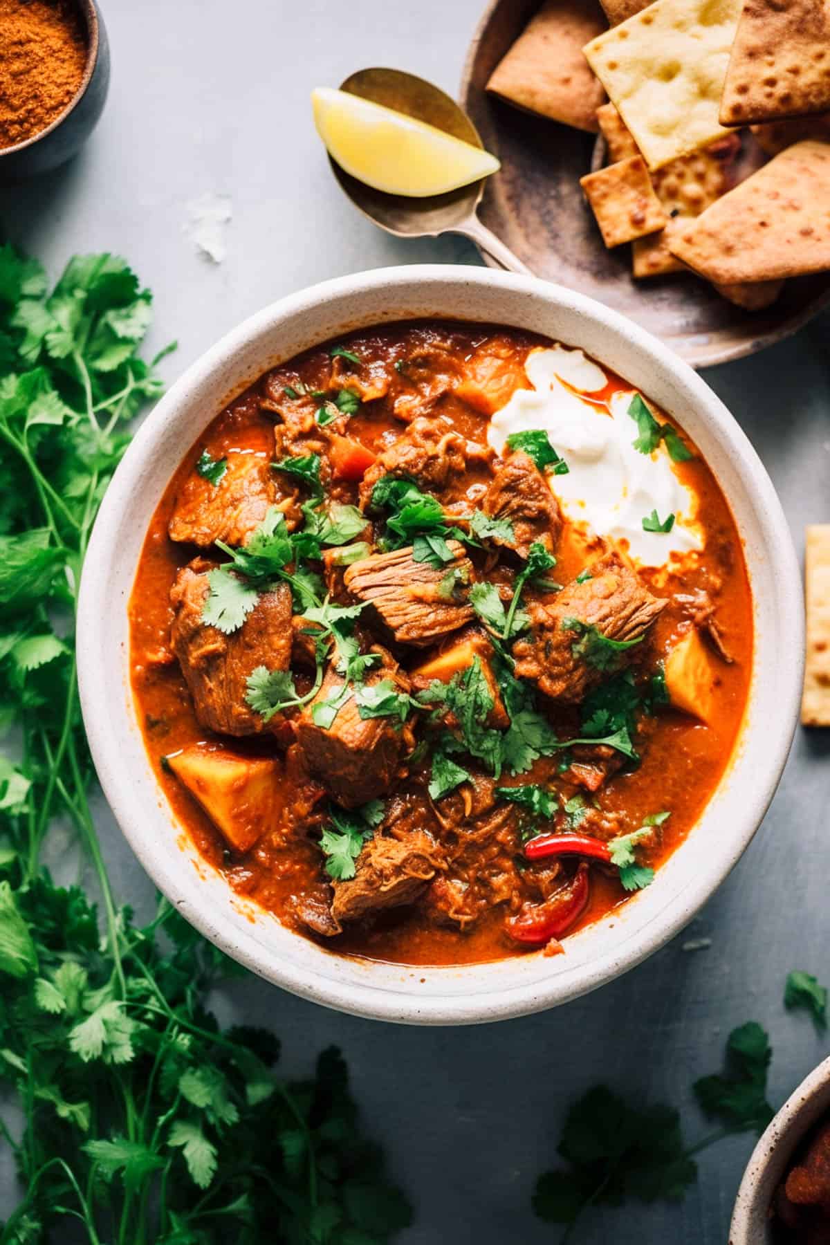 Slow cooker lamb curry in a white bowl.