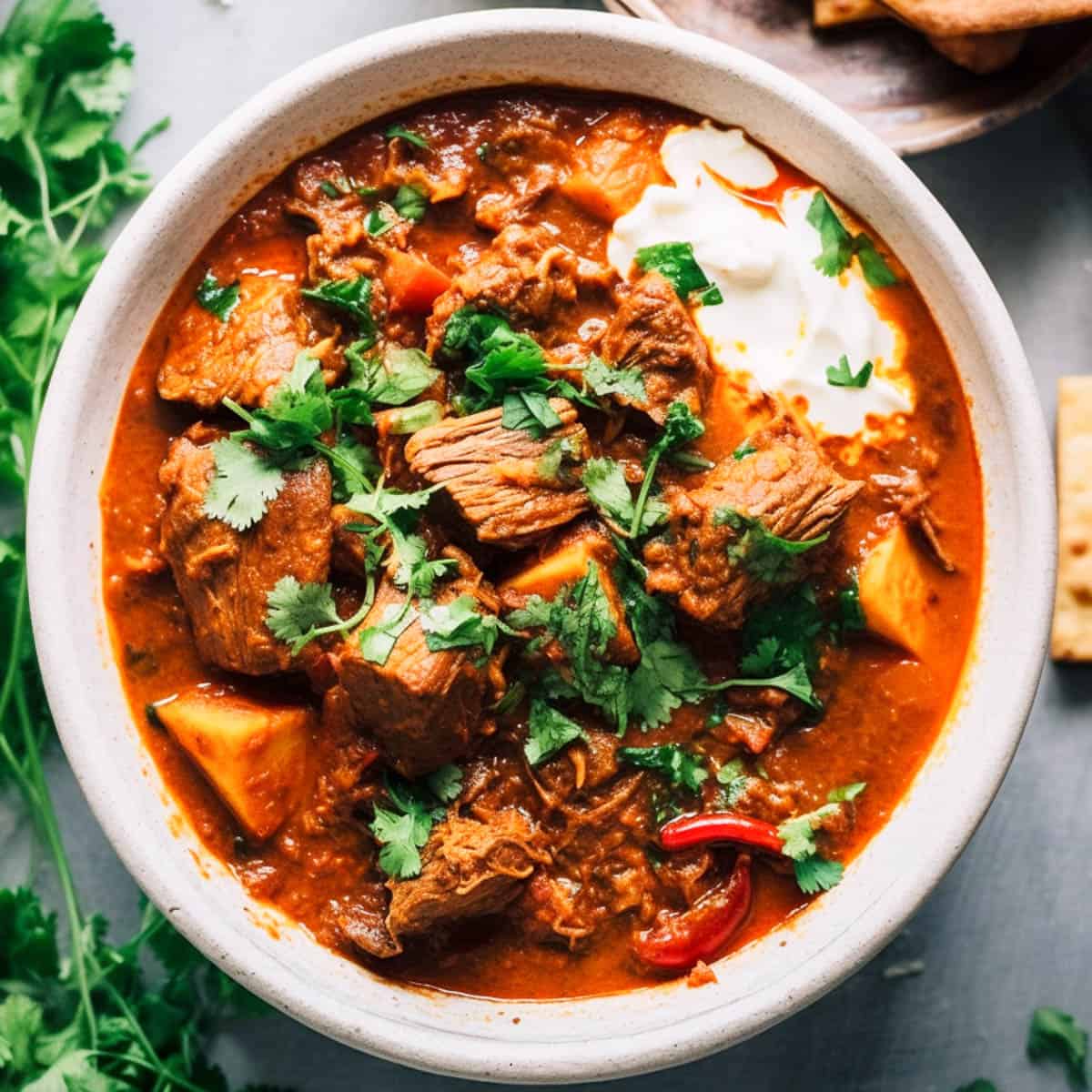 Slow cooker lamb curry in a white bowl.