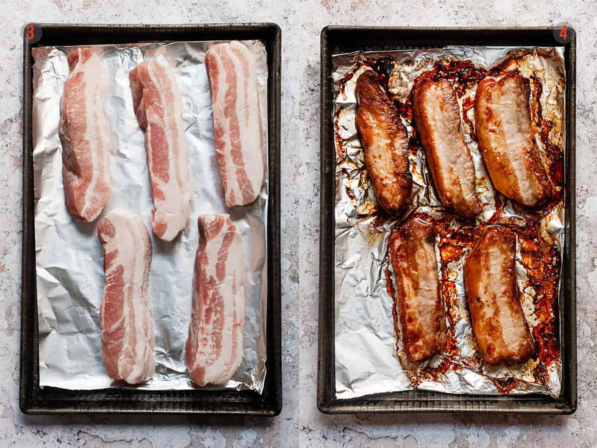 Pork belly before and after being roasted on a baking tray.