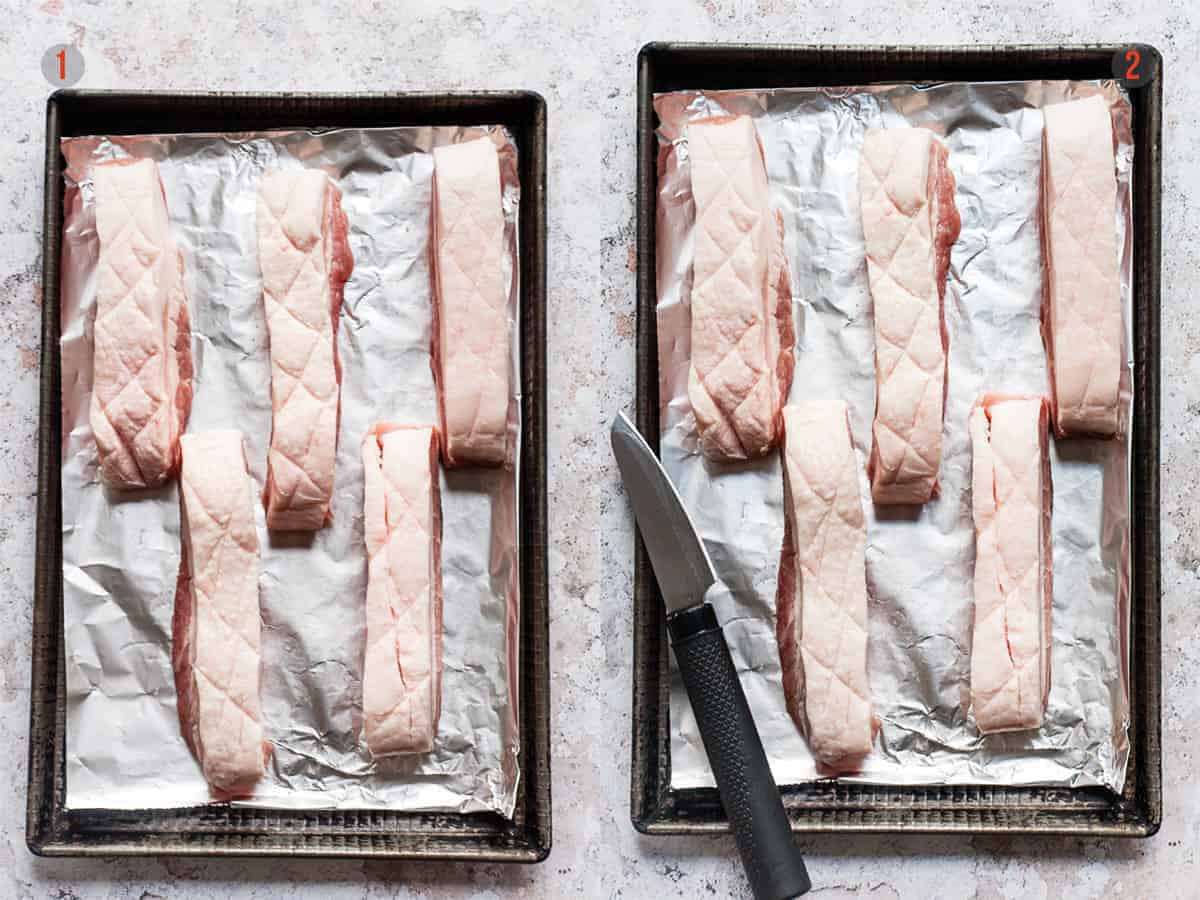 Pork belly slices being scored for crispy crackling.