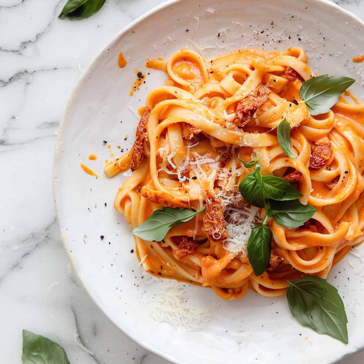 Sun-dried tomato pasta in a bowl with chopped basil and parmesan cheese.