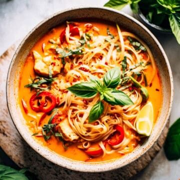 Thai red curry noodle soup with basil and peppers.