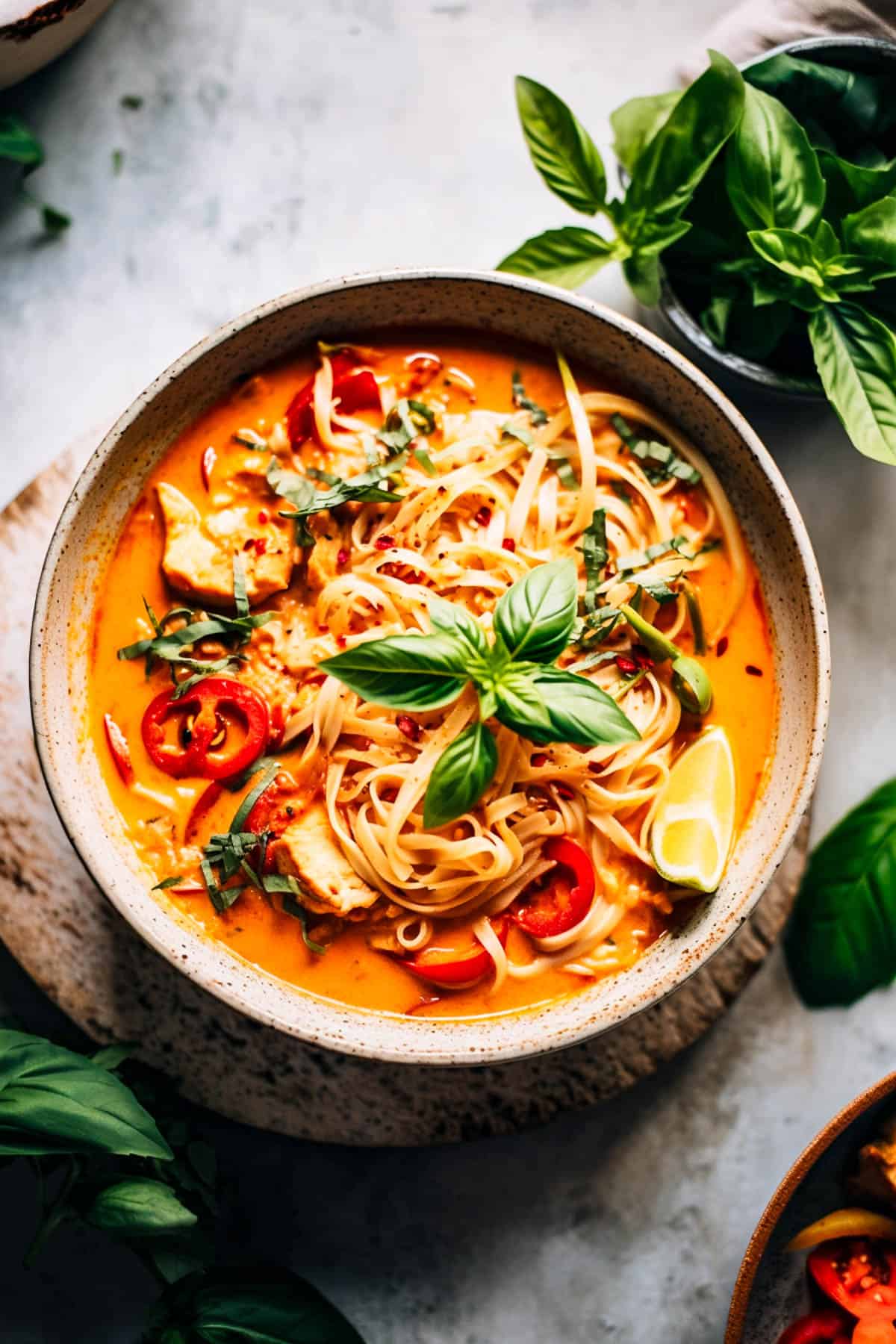 Thai red curry noodle soup with basil and peppers.