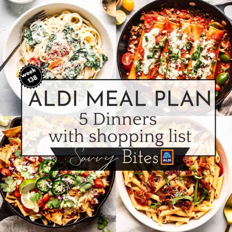 Aldi budget meal plan recipes in a photo collage.