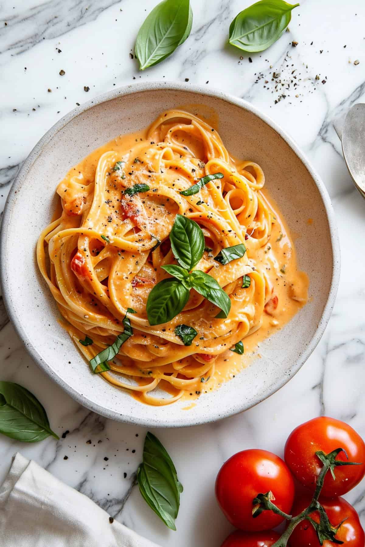 Creamy tomato pasta with basil and cheese in a white bowl.