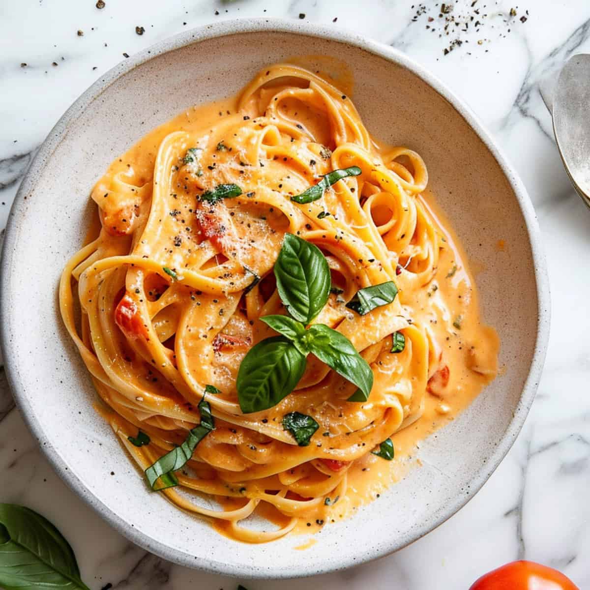 Creamy tomato pasta with basil and cheese in a white bowl.