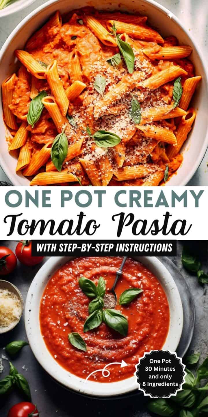 Creamy one-pot tomato pasta in a white bowl with text overlay.