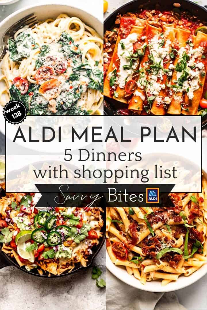 Aldi budget meal plan recipes in a photo collage.