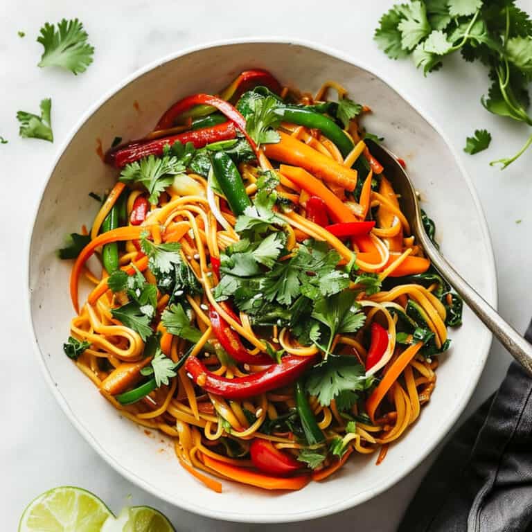 15 Minute vegetable noodle stir fry in a white bowl.