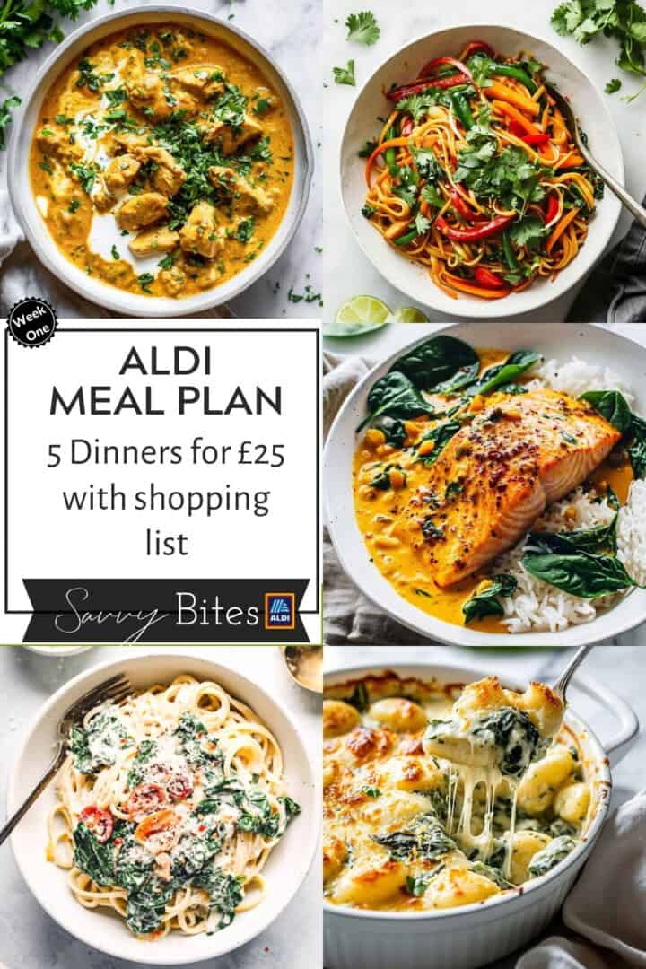 Aldi £25 budget meal plan week 1 photo collage.