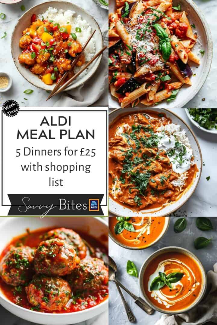 Aldi budget meal plan recipes in a collage.