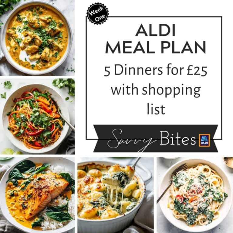 Aldi £25 budget meal plan week 1 photo collage.