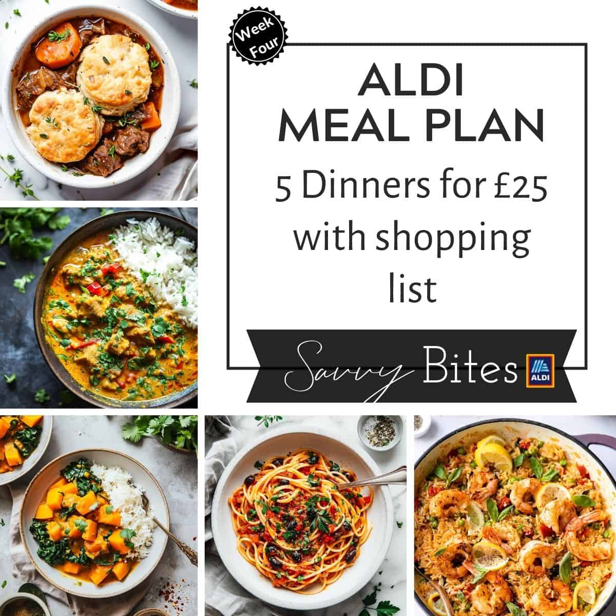 Photo collage for Aldi £25 meal plan week 4.