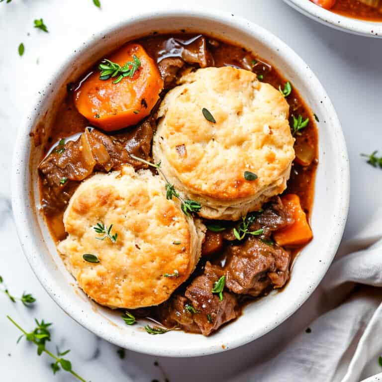 Beef cobbler with cheddar biscuits- slow cooker beef in a bowl.
