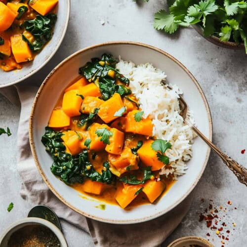 Butternut squash and chickpea curry with kale and rice.