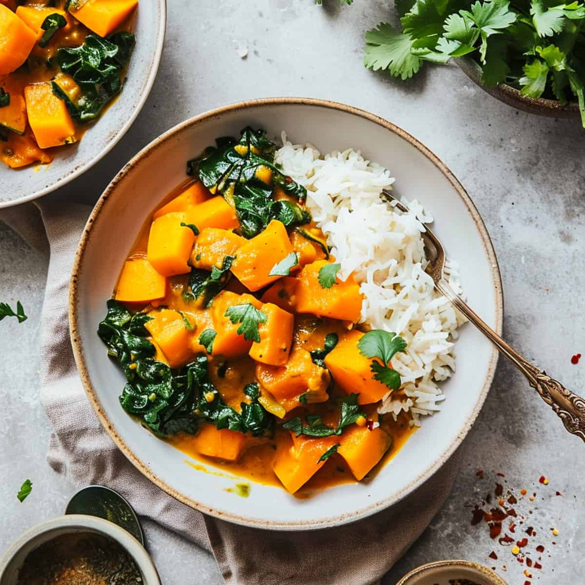 Butternut squash and chickpea curry with kale and rice.