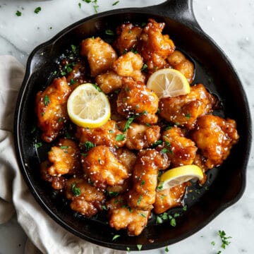 Sticky Chinese lemon chicken in a pan with lemon slices.