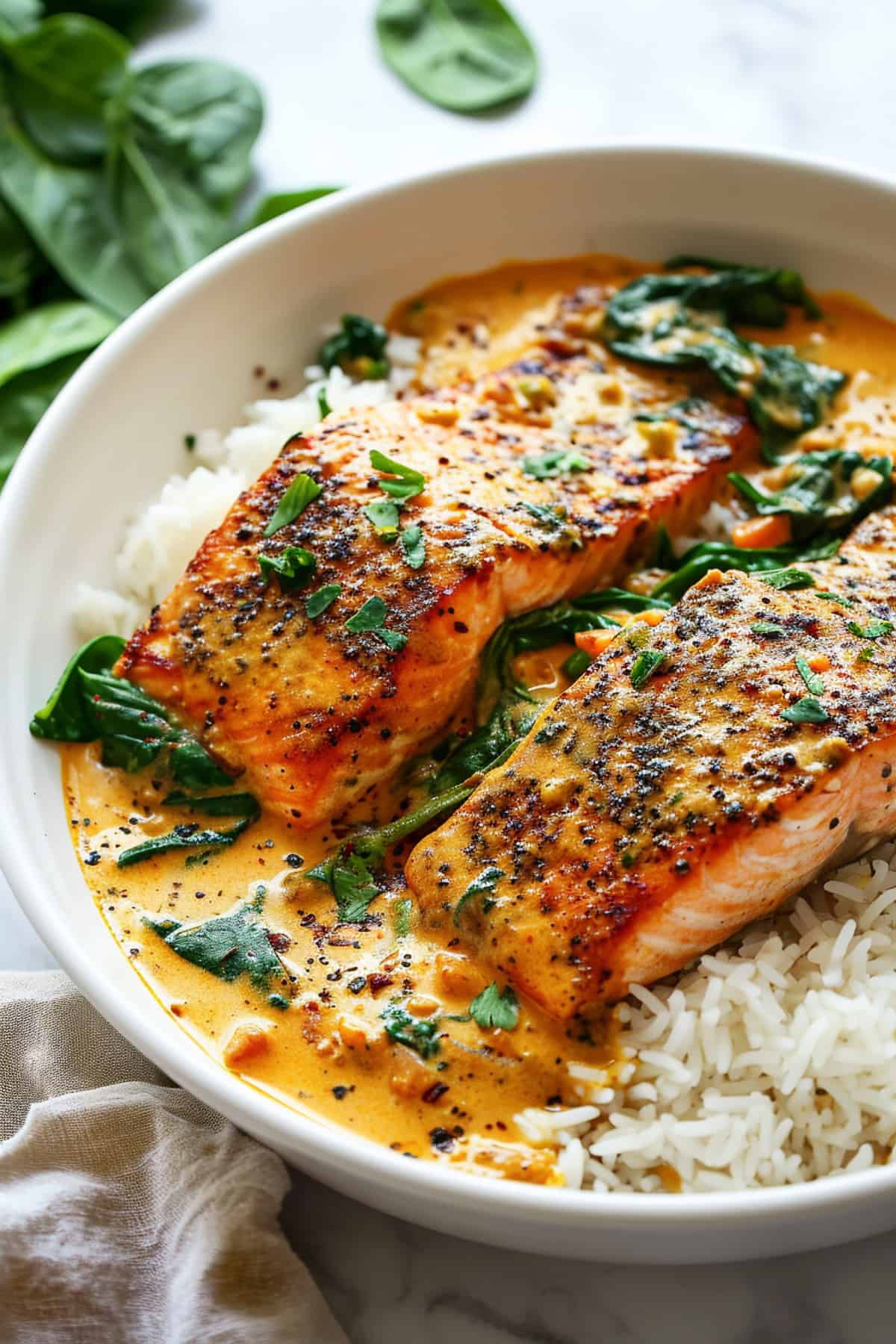 Coconut salmon curry in a creamy curry sauce on a white plate with spinach and rice.