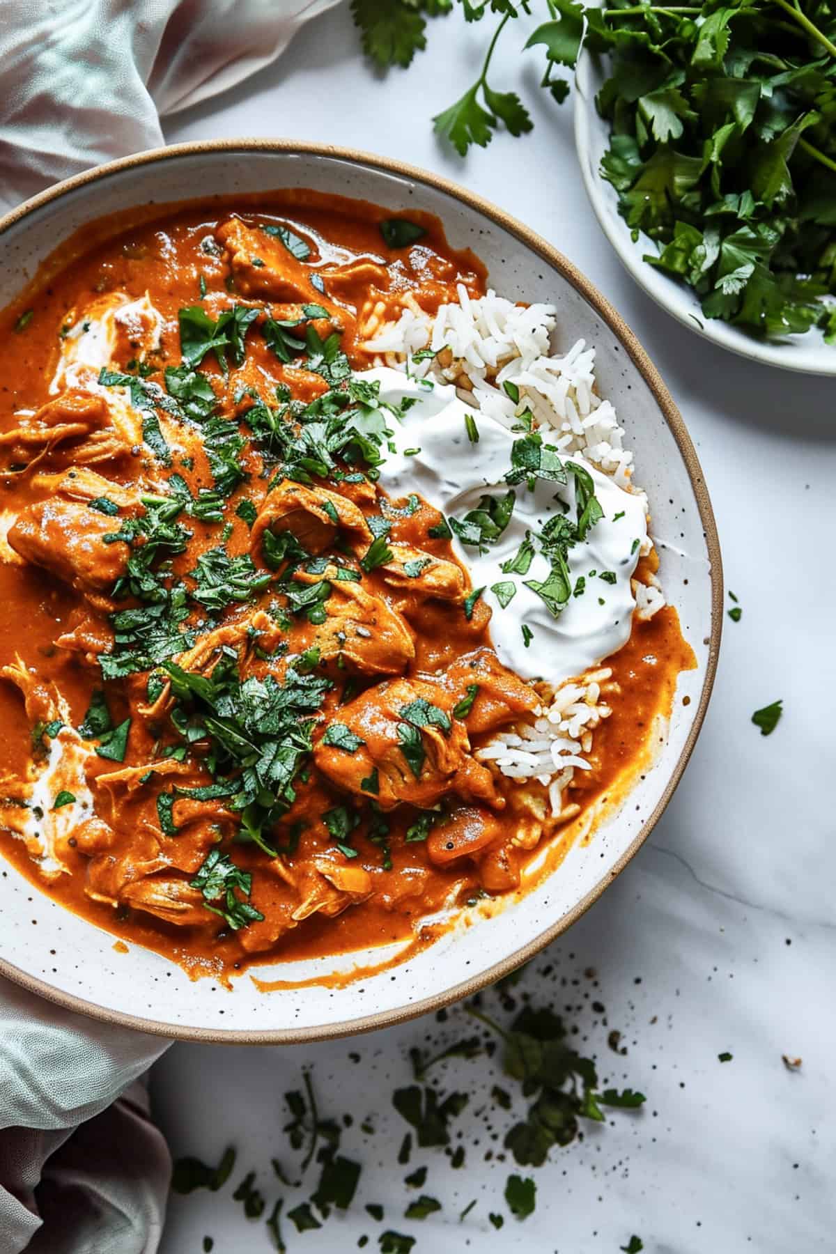 Creamy coconut chicken curry with chopped coriander and rice.