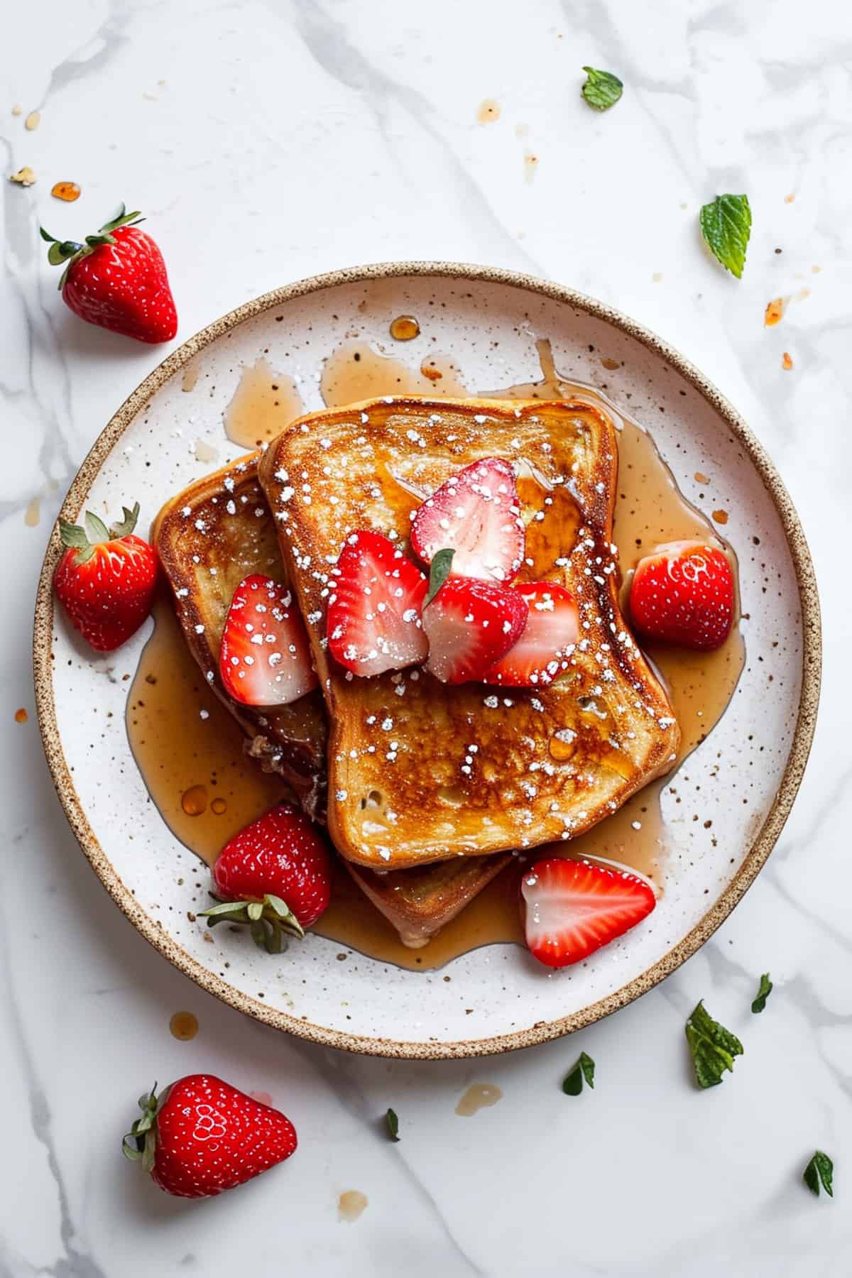 Eggy bread with maple syrup and strawberries on a white plate.