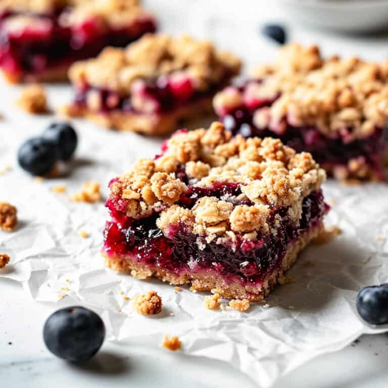 Homemade jam slices with oat topping on a white table.