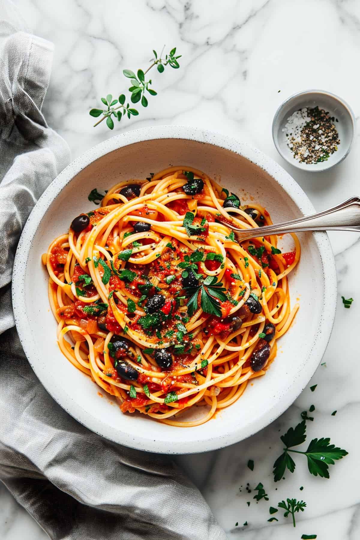 Easy anchovy tomato pasta puttanesca style in a white bowl with olives and parsley.