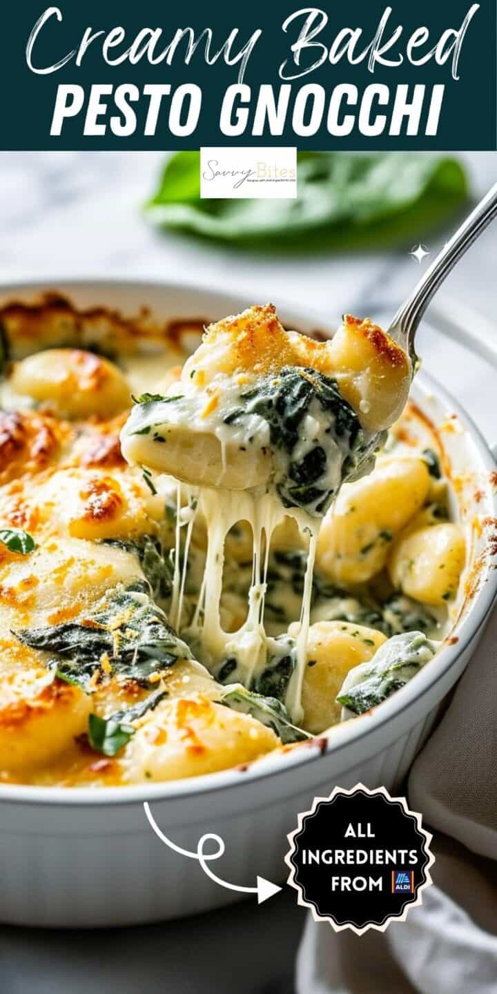 Pesto gnocchi in a skillet with cheese and spinach.