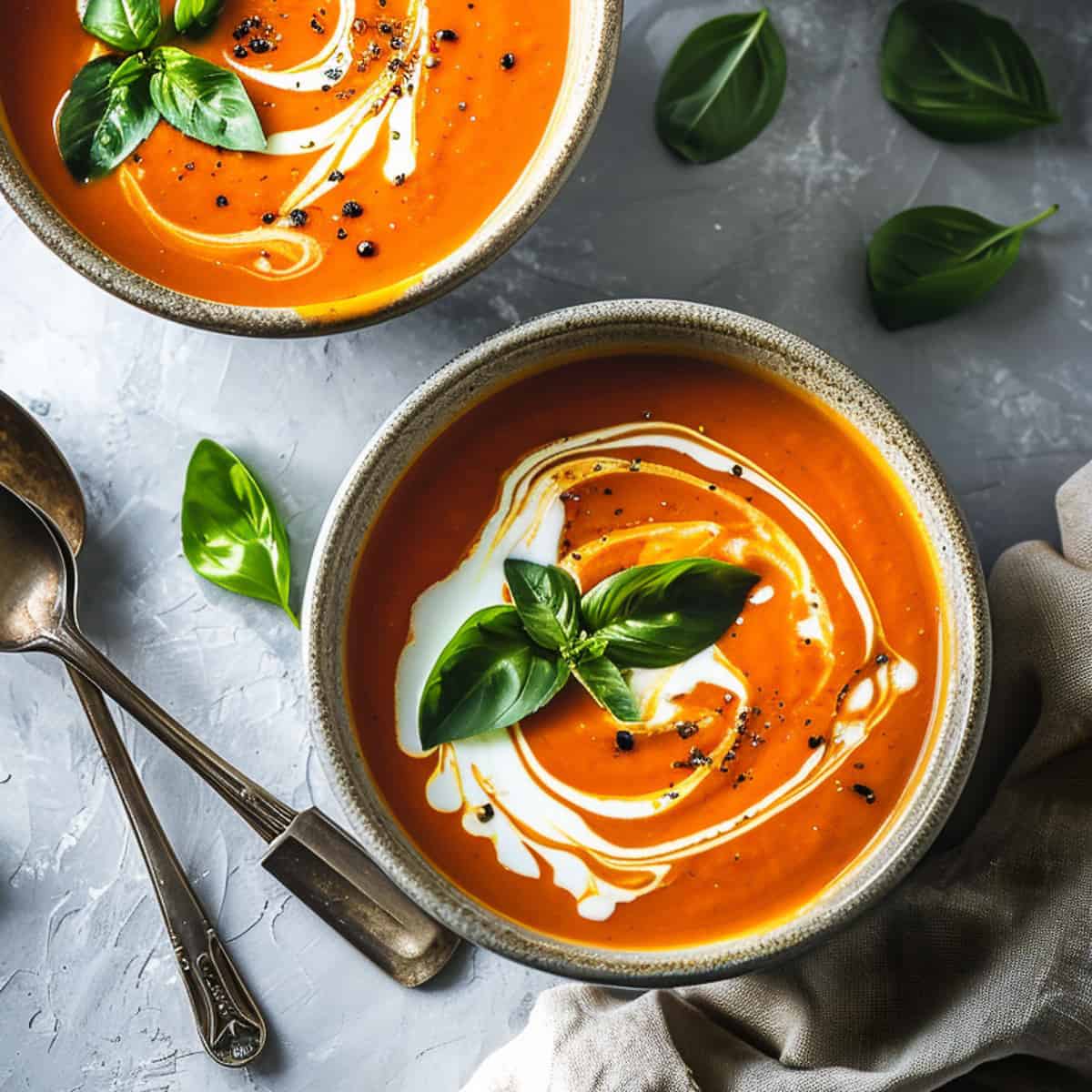 Easy red pepper soup in a white bowl with cream and basil.
