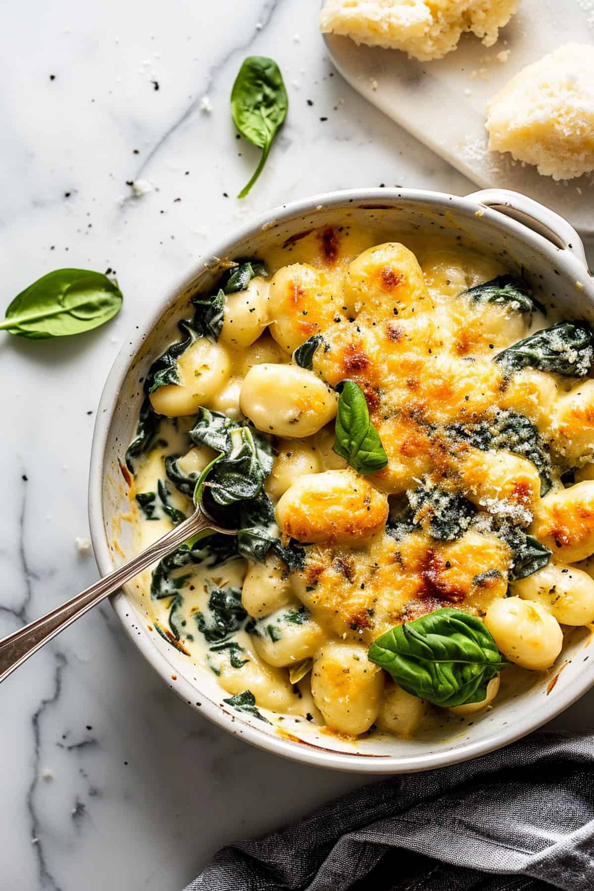 Spinach and artichoke gnocchi baked with cheese and pesto.