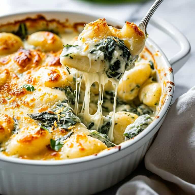 Spinach and artichoke gnocchi baked with cheese and pesto.