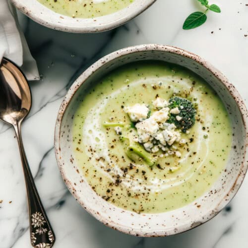 Bowls of creamy broccoli and stilton soup with crumbled blue cheese and black pepper on top.