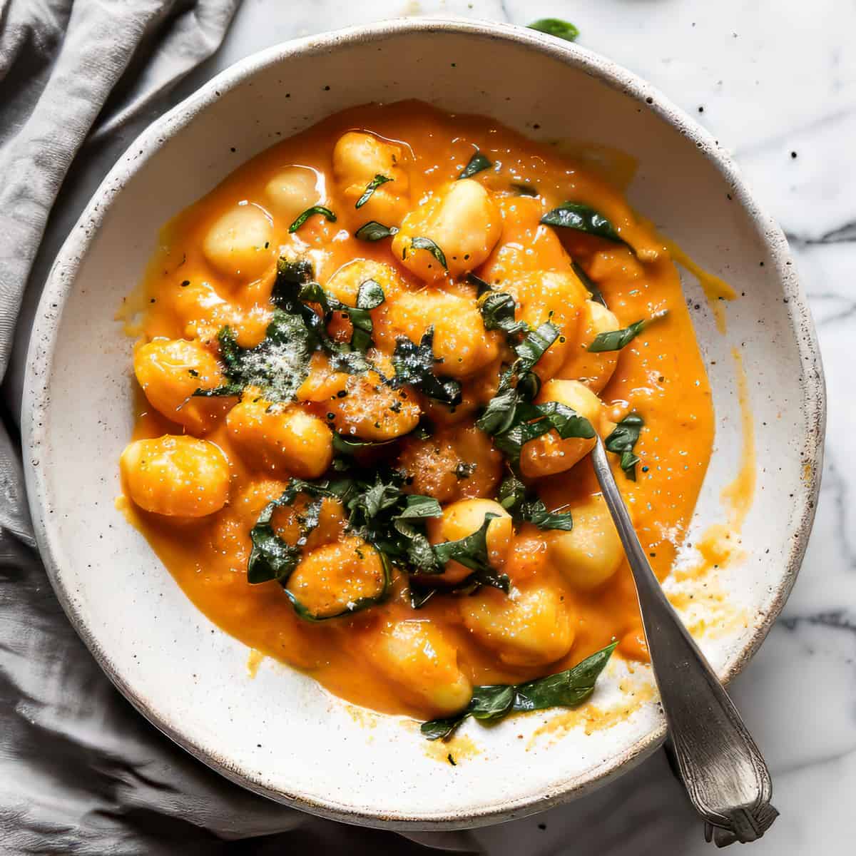 Butternut squash gnocchi with chopped herbs in a white bowl.