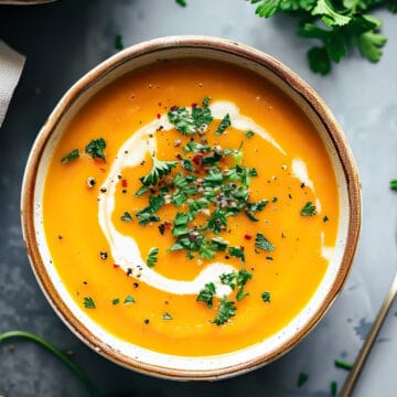 Butternut squash and sweet potato soup with coconut milk and chilli flakes in a white bowl.
