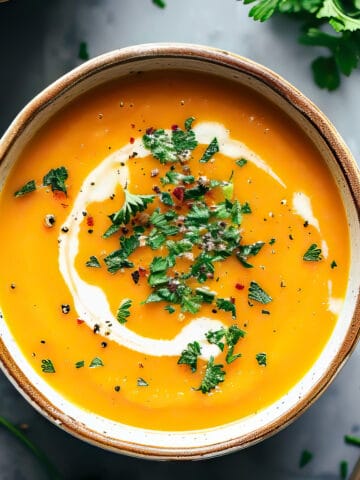 Butternut squash and sweet potato soup with coconut milk and chilli flakes in a white bowl.