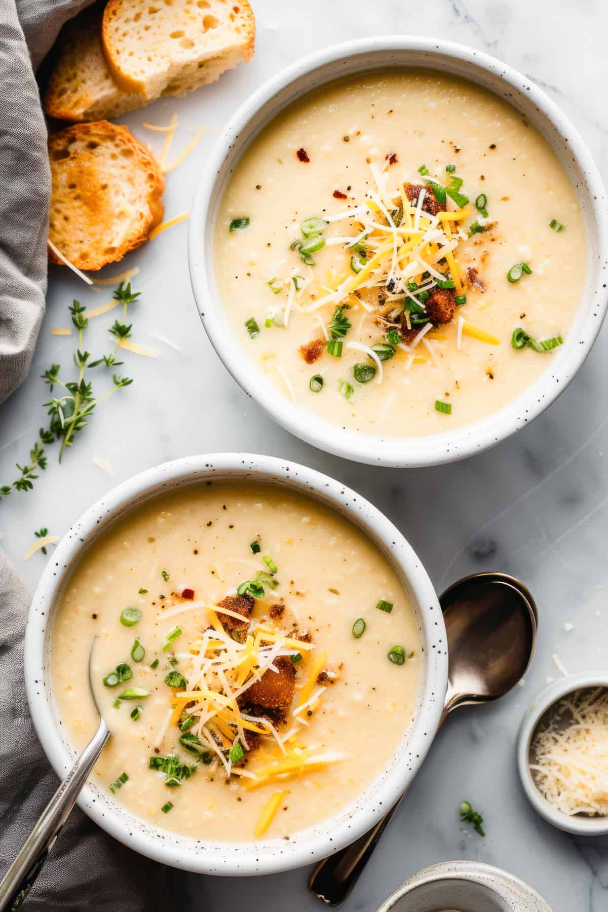 Cauliflower cheese soup with green onions and croutons in a white bowl.