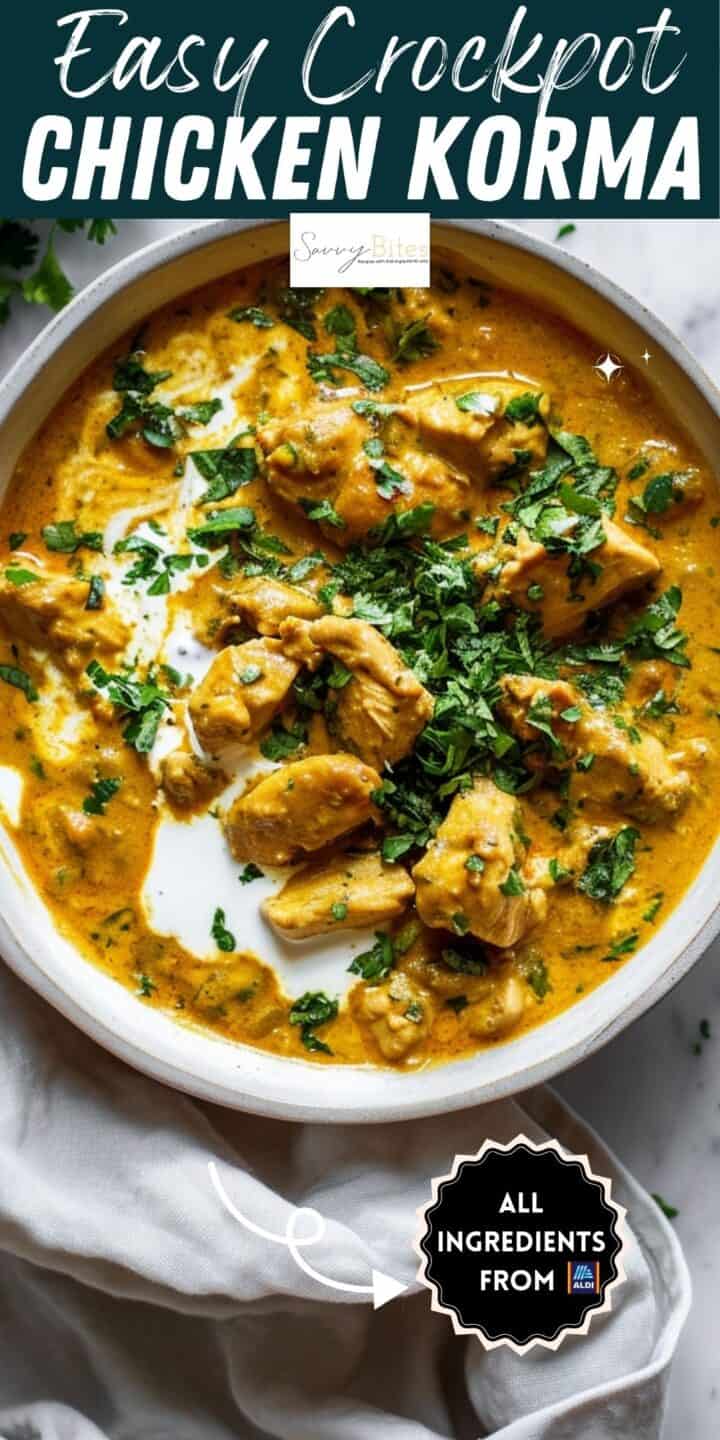 Slow cooker chicken korma with coconut milk in a white bowl.