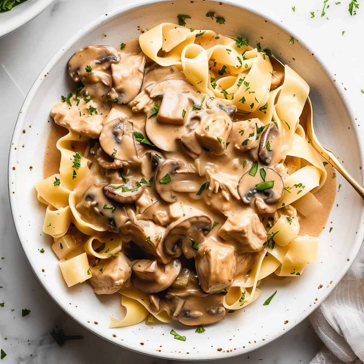 Chicken stroganoff with mushrooms and parsley over noodles in a white bowl.