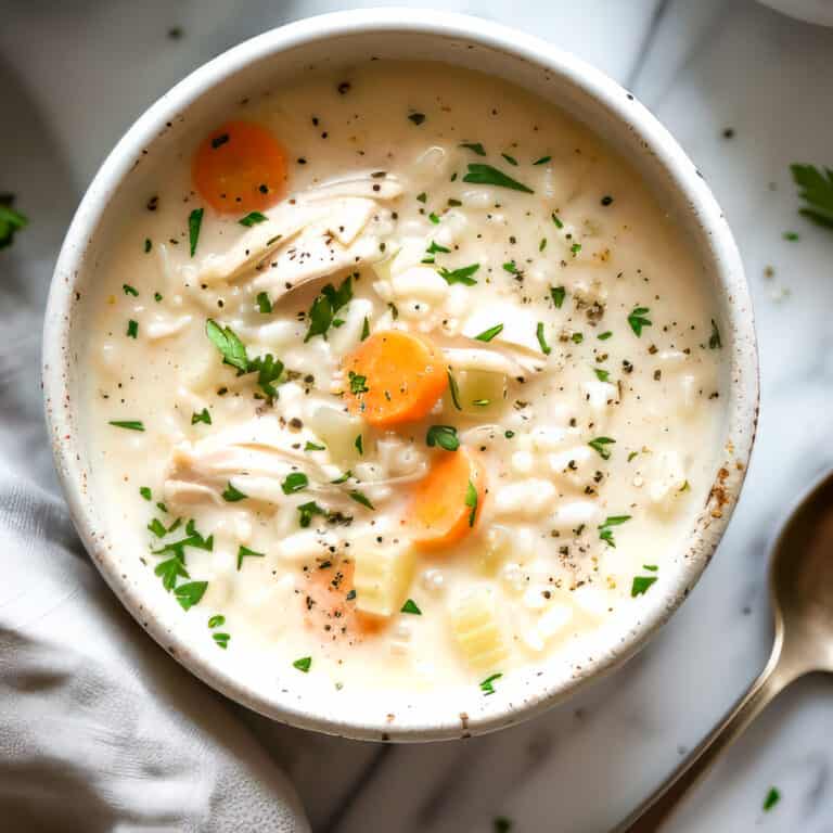 Easy creamy chicken and rice soup with parsley and carrots in a white bowl.