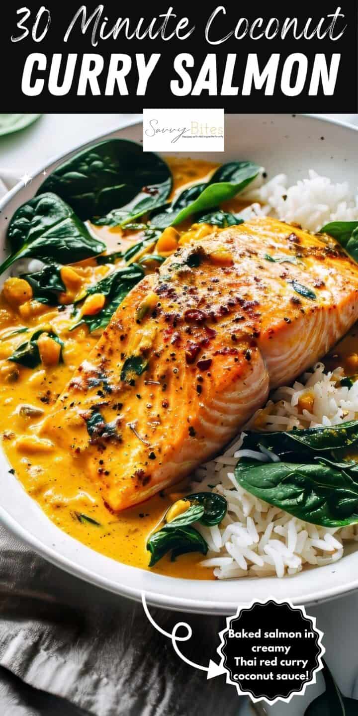 Thai Red curry salmon over white rice in a bowl with herbs and spinach.