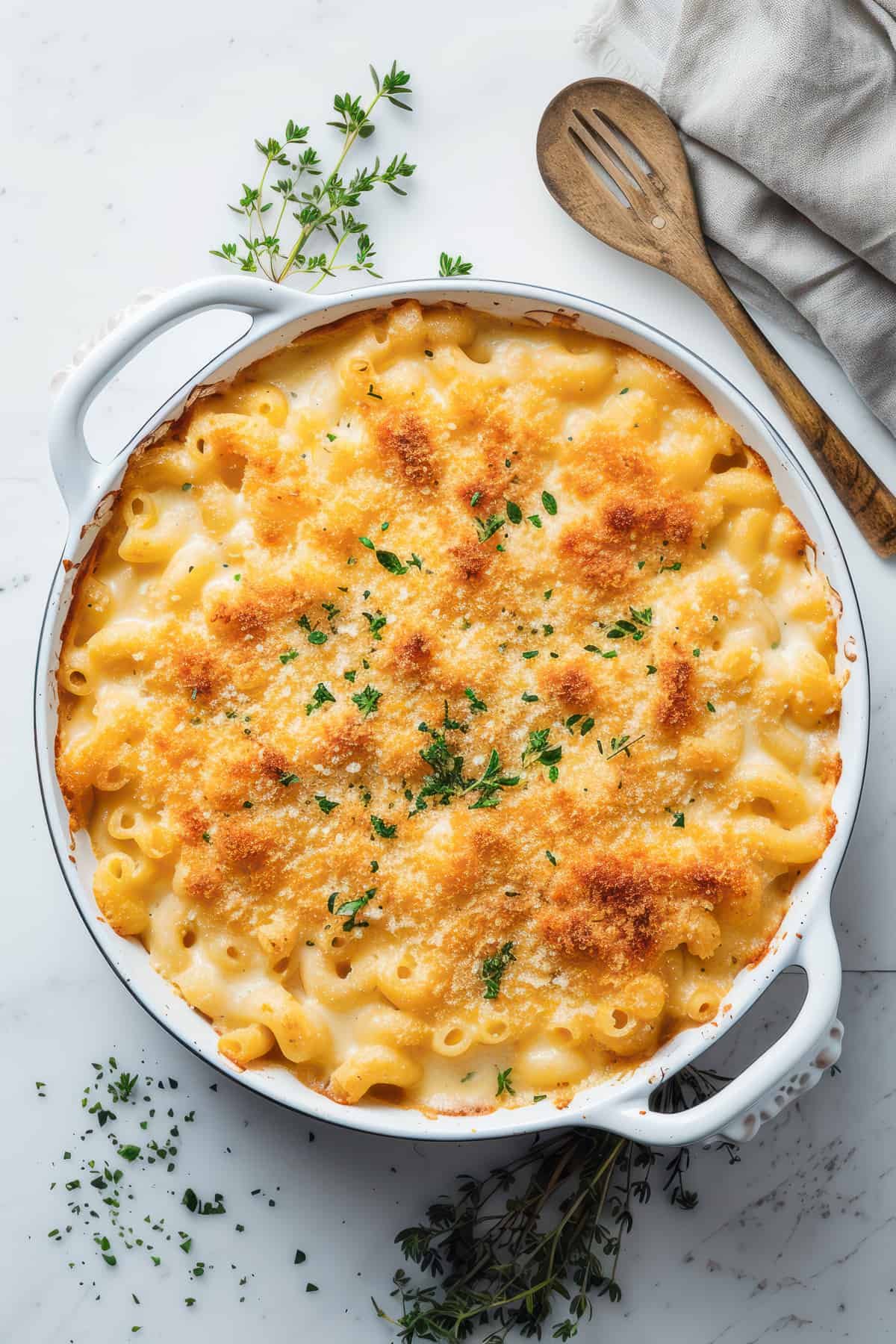 Easy mac and cheese with crunchy breadcrumb topping in a white baking dish.
