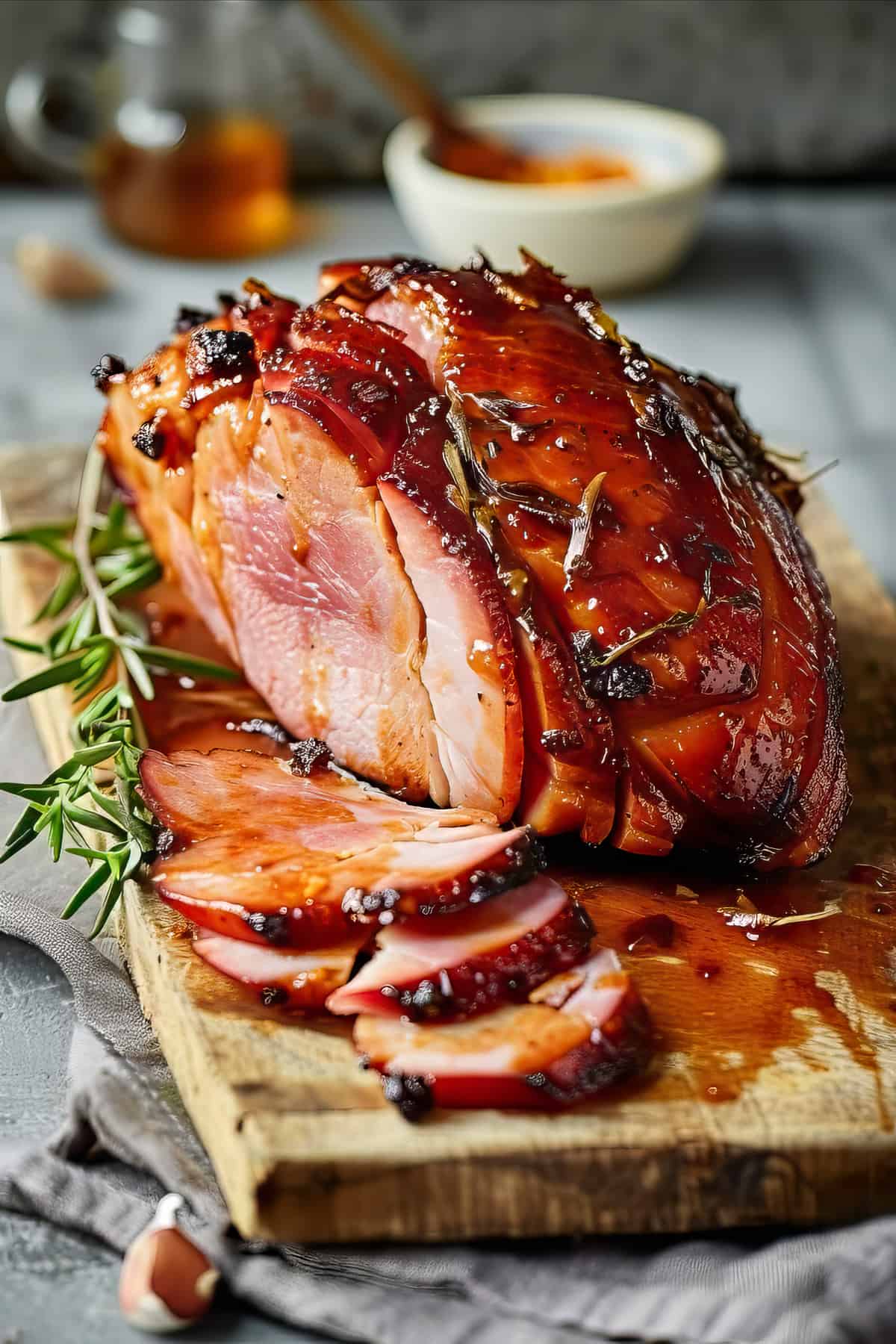 Honey-glazed gammon, also called ham, on a wooden cutting board.
