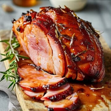 Honey-glazed gammon, also called ham, on a wooden cutting board.