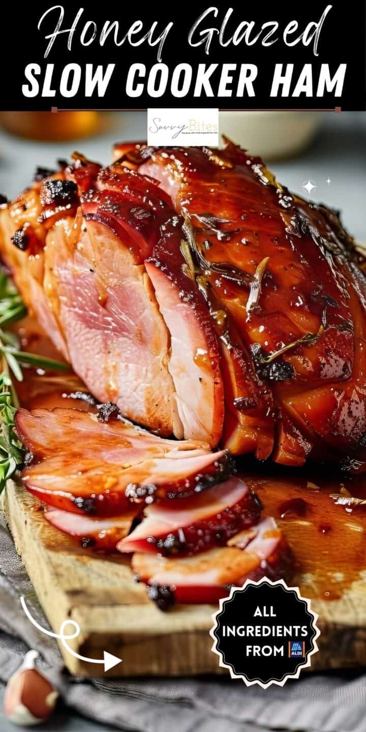 Honey glazed ham on a wooden cutting board with herbs.-