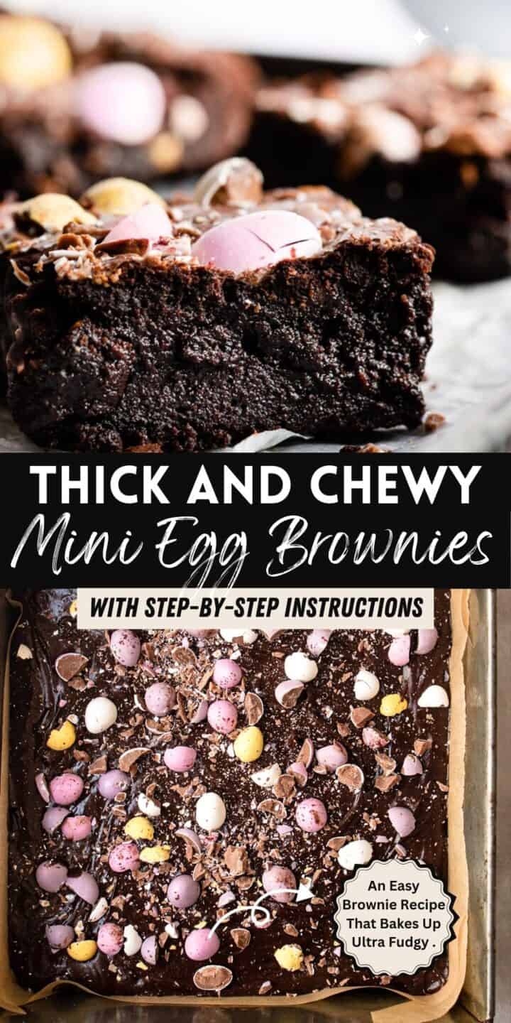 Mini egg brownies on a baking tray with text overlay.