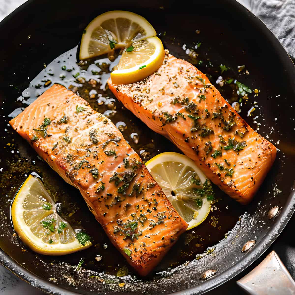 Pan-fried salmon with lemon and garlic in a skillet.