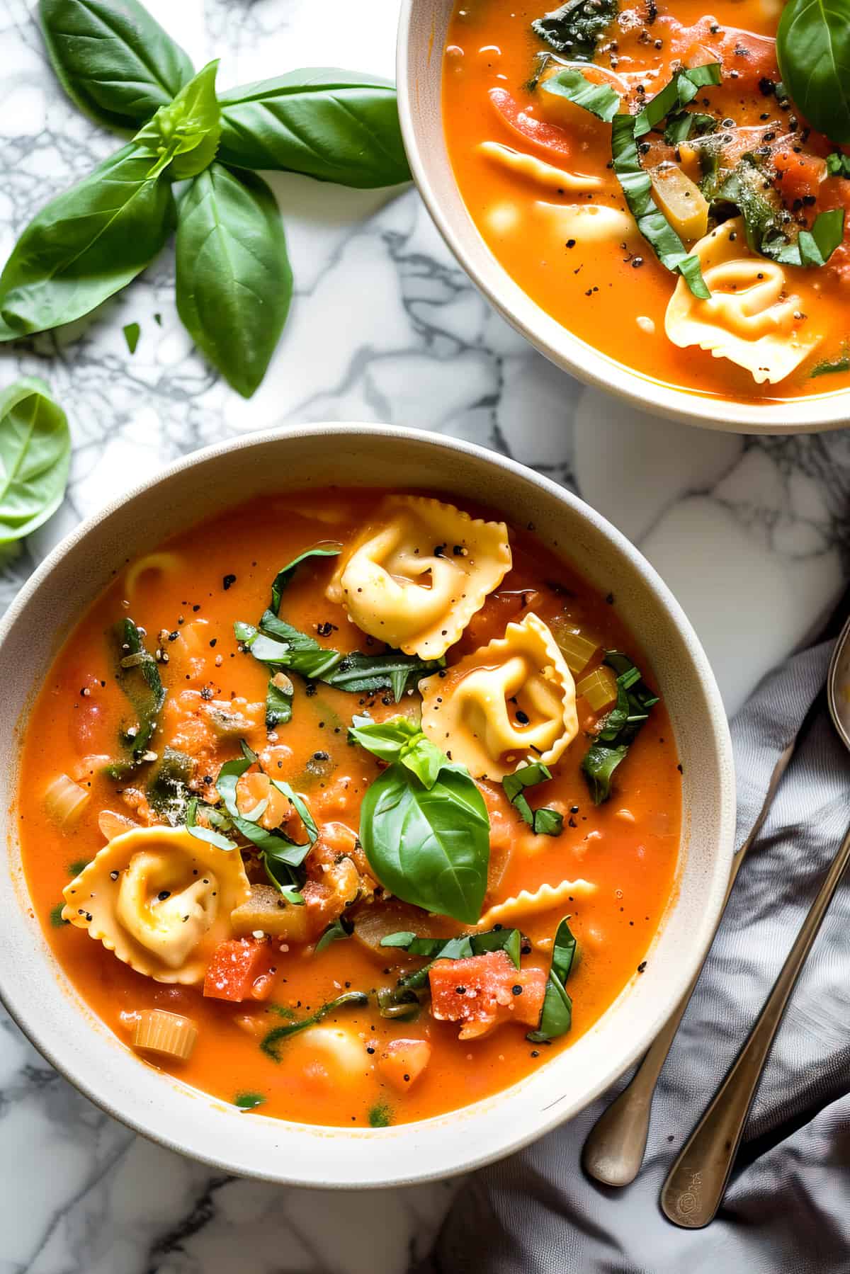 Hearty pasta soup with tortellini and basil in a white bowl.
