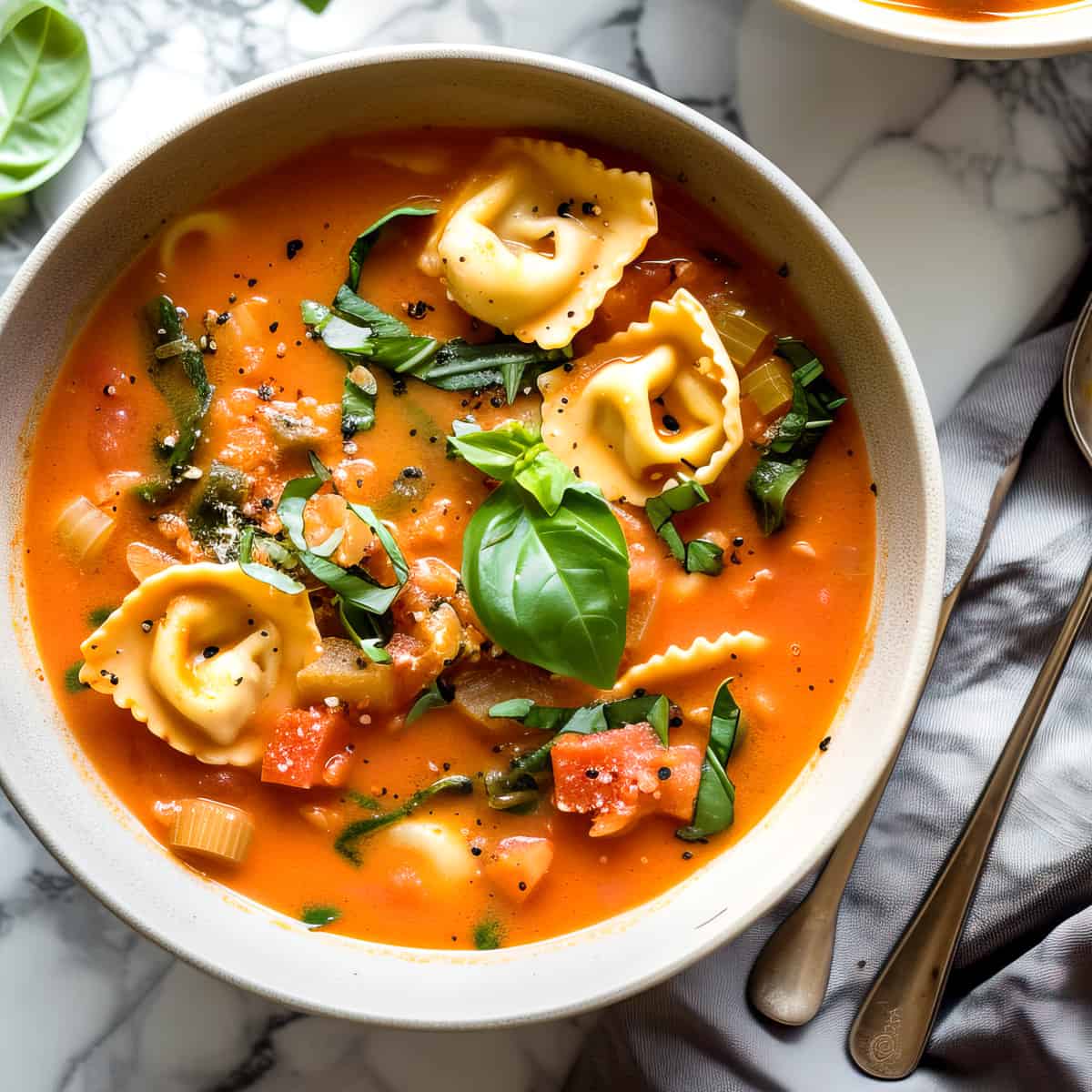 Hearty pasta soup with tortellini and basil in a white bowl.